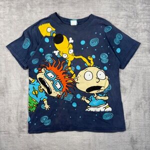 Rugrats Shirt Youth Medium Blue Vintage 1996 Nickelodeon Mega Print